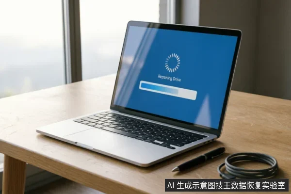 一台银色笔记本电脑放置在木质桌面上，屏幕显示蓝色的“Repairing Drive”修复进度条界面。电脑旁放有一支黑色签字笔和一根卷起的USB数据线，背景为模糊的窗户光线。