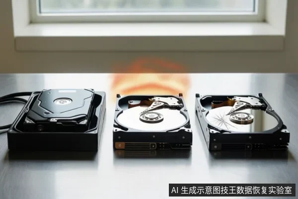 桌面上并排放置三块机械硬盘，左侧硬盘带外壳，中间和右侧硬盘裸露盘片，中间硬盘后方有橙色火焰状图形。