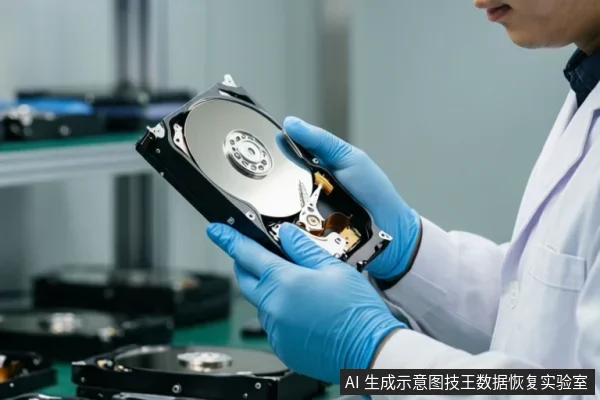 穿白大褂戴蓝色手套的亚洲成年人手持打开的金属盘片机械硬盘,背景为实验室工作台。