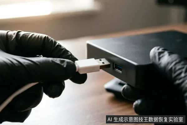戴着黑色防护手套的双手正在将白色USB数据线插入黑色移动硬盘的接口中,特写展示了检查物理连接完整性的操作过程。