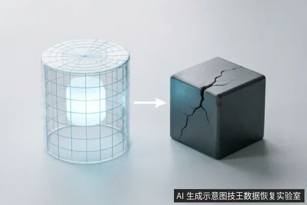 左侧为被网格圆柱体包裹的发光球体,右侧为表面带有明显裂纹的深色立方体,中间箭头由左指向右。画面通过抽象的几何形态对比,示意数据从逻辑保护状态向物理损坏状态的转变或风险预警。