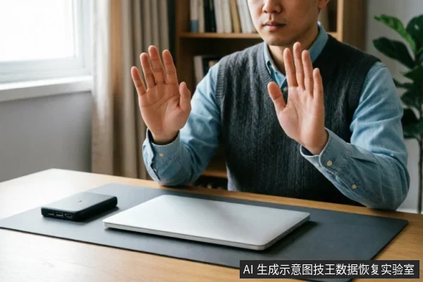 一名身穿蓝色衬衫和灰色针织背心的男子坐在木质办公桌前,双手举起掌心向外,做出明确的停止或拒绝手势。桌面上放置着闭合的银色笔记本电脑和一个黑色移动硬盘,背景为书架和窗户,示意在数据恢复初期应暂停操作以保护数据安全。