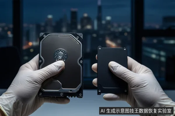 戴白手套的双手在室内持握两块黑色硬盘,左侧为打开外壳的机械硬盘,右侧为闭合的移动硬盘,背景为模糊的城市夜景。