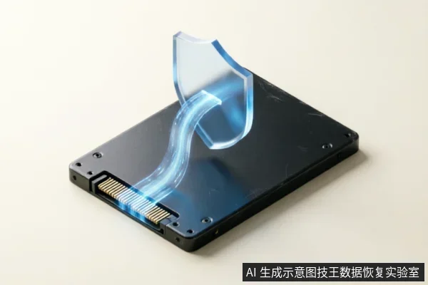 图片展示了一块黑色的固态硬盘,其SATA接口处延伸出一道蓝色的半透明光束,向上汇聚成一个悬浮的盾牌形状。该视觉隐喻象征着数据恢复中的“只读镜像”与“零写入”保护技术,寓意在读取数据时建立安全屏障,防止原始游戏文件被覆盖或破坏。