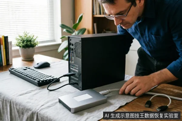 一名戴眼镜的男子在铺有桌布的木桌上操作电脑硬件。他正低头查看黑色台式机后部接口,桌面上放置着一个银色移动硬盘、键盘、鼠标及散落的USB数据线,呈现出连接或排查外部存储设备故障的场景。