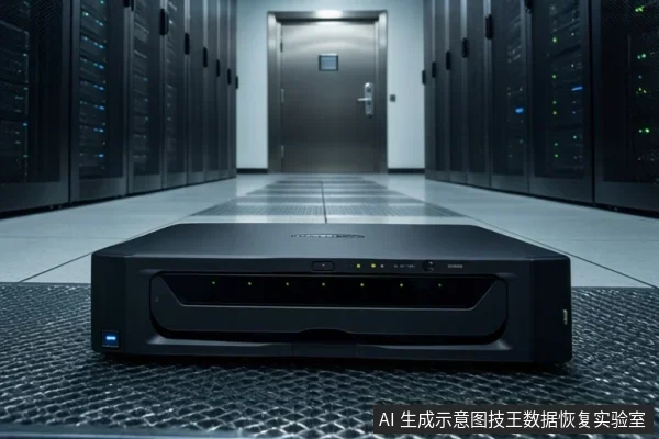 机房通道前景放置一台黑色多盘位NAS设备,前面板可见多个硬盘位与指示灯,背景为服务器机柜与金属门。