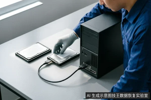 一名身穿蓝衬衫、戴白色防静电手套的技术人员正在操作台式电脑主机。桌面上放置着两块3.5英寸机械硬盘,其中一块通过数据线和电源线连接至主机背面接口,另一块平放于旁侧,展示专业硬件检测或数据恢复场景。