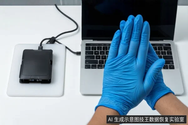 白色桌面上,左侧白色垫子上平放一个黑色移动硬盘,通过黑色线缆连接至右侧银色笔记本电脑。前景一双戴蓝色手套的手掌心相对,做出停止手势。