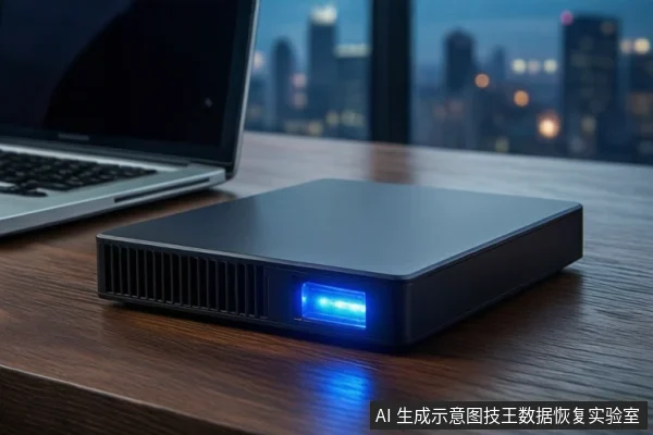深色木桌上平放一个黑色外接硬盘盒,正面亮着蓝色指示灯。左侧有一台银色笔记本电脑,屏幕关闭。背景是模糊的城市夜景窗户。