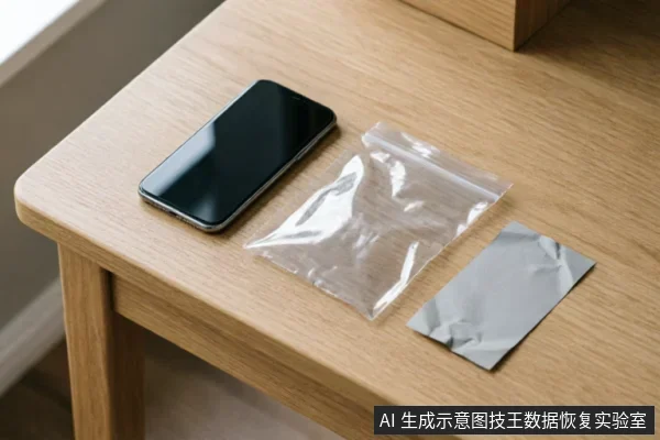 木质桌面上平放着一部黑屏的智能手机，旁边依次摆放着一个透明塑料密封袋和一张折叠的银色防静电屏蔽袋。画面展示了手机故障后准备寄修或存放时的静物状态，未显示任何屏幕文字或操作细节。