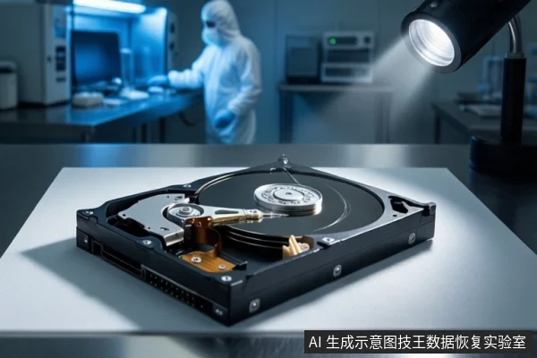 洁净室环境中,前景金属桌面上平放一块打开外壳的机械硬盘,露出盘片与磁头组件,上方有一盏台灯照射。背景中一名穿白色无尘服的技术人员正在工作台前操作。