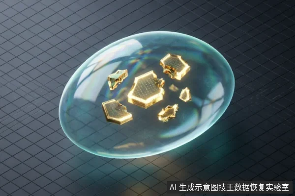 一个透明的半球形保护罩悬浮在深色网格背景上,内部包裹着几块发光的金色六边形碎片。画面通过具象化的视觉隐喻,展示了数据恢复中只读模式对原始介质数据的隔离与保护状态。