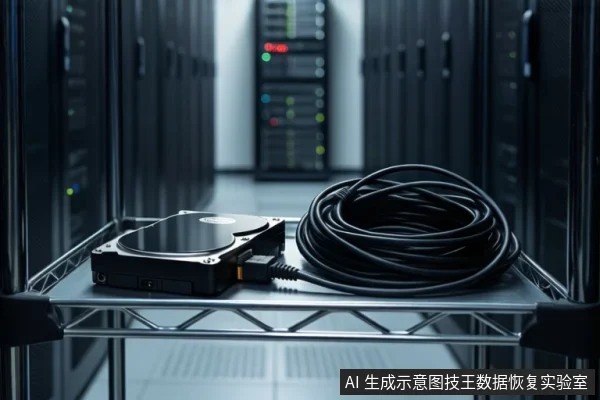 服务器机房金属货架上，平放一块黑色机械硬盘，右侧盘绕着一根黑色线缆，背景为模糊的服务器机柜。
