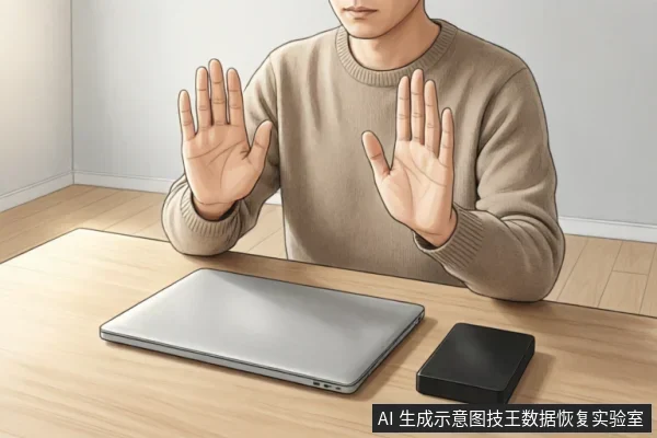 一名身穿米色毛衣的男子坐在木纹桌前,双手举起掌心向前做出明确的停止手势。桌面上放置着一台闭合的银色笔记本电脑和一个黑色的移动硬盘,示意在设备故障时立即停止操作并断电隔离。