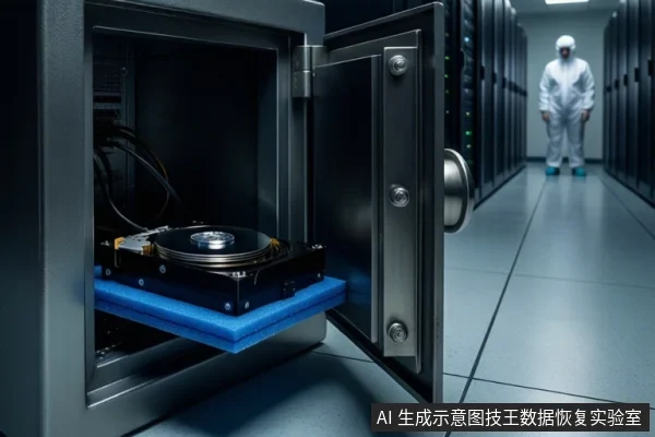 服务器机房通道内,前景为一个打开的金属保险柜,柜内蓝色垫子上平放一块打开外壳的机械硬盘,露出盘片与磁头组件。背景为模糊的服务器机柜和一名穿无尘服的技术人员。