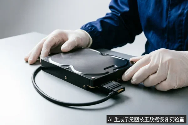 画面展示了一双戴着白色防静电手套的手,正在将SATA数据线连接至3.5英寸机械硬盘的接口。背景简洁,突出了专业操作细节,用于示意检查外部连接或进行专业数据恢复前的硬件接入步骤。