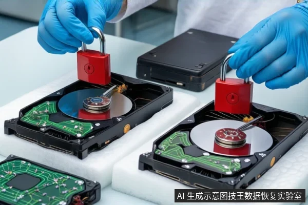 洁净室工作台上,白色泡沫垫上平放两块打开外壳的机械硬盘,可见盘片与磁头臂。前景一双戴蓝色手套的手各持一把红色挂锁,分别悬停在两块硬盘上方。右侧平放一块黑色固态硬盘,左下角平放一块绿色电路板。