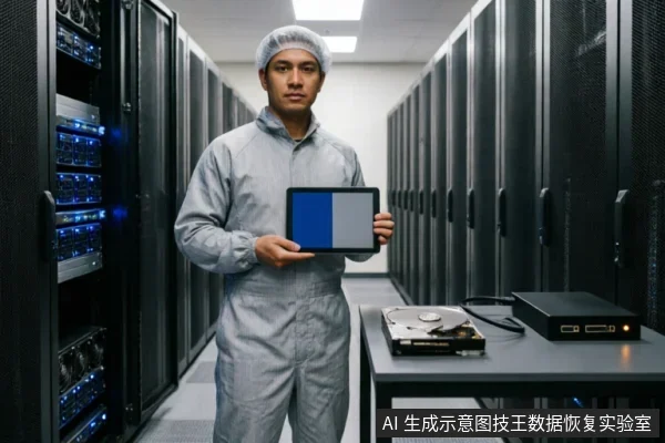 一名身穿灰色防静电服的技术人员站在服务器机房过道中,双手持有一台显示蓝灰分屏界面的平板电脑。右侧工作台上放置着一个已打开外壳的机械硬盘及一台黑色数据恢复设备,背景为排列整齐的服务器机柜。