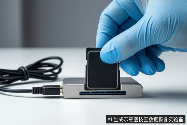 白色桌面上，一只戴蓝色手套的手正将一张黑色存储卡插入银色读卡器，左侧盘绕着黑色USB线缆。