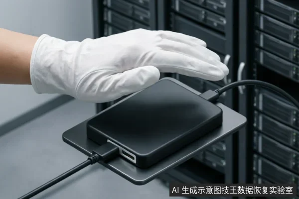 画面展示了一只戴着白色防护手套的手悬停在连接着数据线的黑色移动硬盘上方,背景为模糊的服务器机柜。该场景体现了专业数据恢复机构在洁净或受控环境下对原始存储介质进行物理检查与只读评估的操作规范。