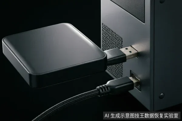 黑色方形移动硬盘通过USB数据线连接至台式机主机背面的接口,展示了将存储设备物理分离并接入另一台计算机进行读取操作的正确场景。