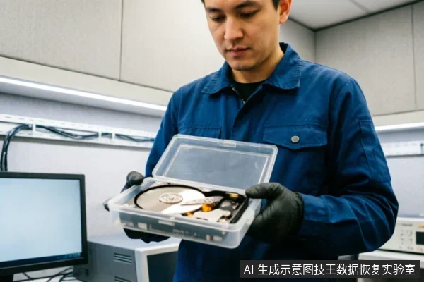 一名身穿蓝色工装、佩戴黑色防静电手套的技术人员,在实验室环境中双手托举着一个装有裸露机械硬盘的透明防静电盒,背景可见电脑显示器及专业测试设备。