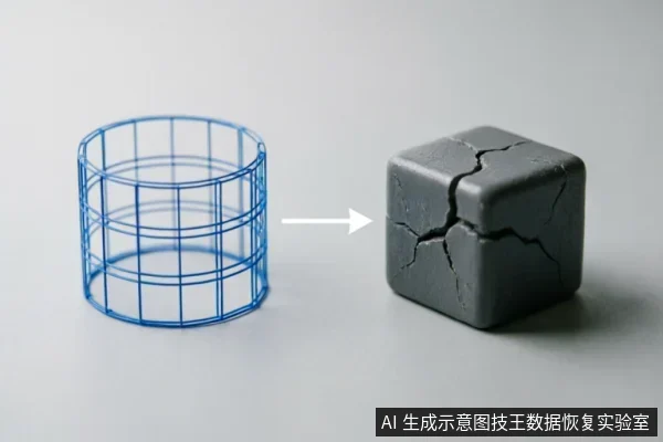 画面左侧为一个蓝色的金属线框圆柱体,右侧是一个表面布满裂纹的深灰色方块,中间有白色箭头从左指向右。该图通过几何形状的对比与转化,隐喻硬件结构从完整到严重老化、物理损坏的过程。