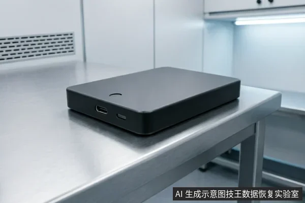 一个黑色的移动硬盘静置在不锈钢金属台面上,侧面清晰可见USB-C接口和指示灯孔。背景为带有通风口的洁净环境,整体呈现出专业实验室或无尘检测中心的氛围,未展示任何拆解动作。
