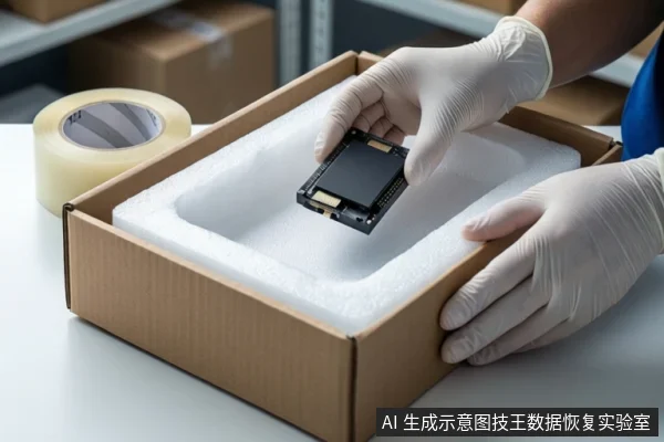 白色桌面上,一个打开的纸箱内白色泡沫中固定着一块黑色固态硬盘。一双戴白色手套的手正扶握硬盘,准备放入泡沫中。左侧放置一卷透明胶带,背景可见货架和纸箱。