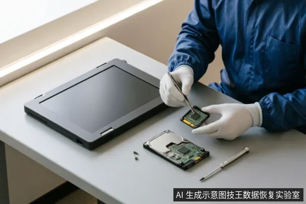 一名身穿蓝色防静电服、佩戴白色手套的技术人员正在工作台上操作。他手持工具处理一块裸露的硬盘电路板,旁边放置着一台黑色笔记本电脑、另一块拆解的硬盘组件及螺丝刀,展示了专业的硬件检测或数据恢复场景。