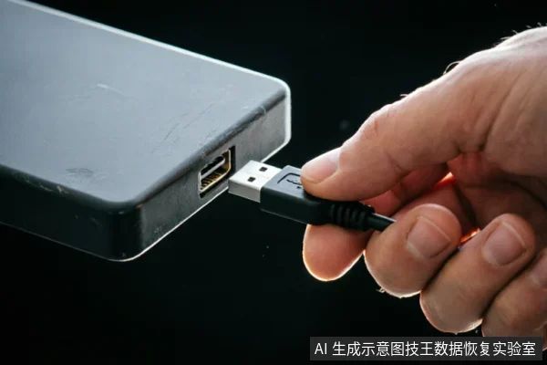 特写镜头展示一只手正捏住黑色USB数据线的接头,将其对准并插入一个深灰色长方形移动硬盘侧面的接口中。背景为纯黑色,突出了物理连接的动作细节,无可见文字或屏幕显示。
