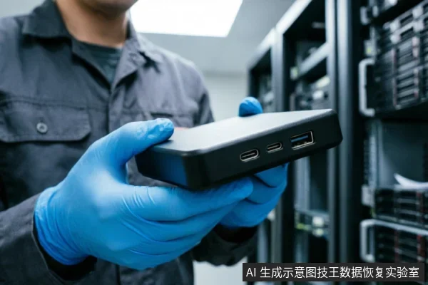 一名佩戴蓝色防静电手套的技术人员双手托举着一个黑色的外接存储设备,背景为模糊的服务器机柜。画面重点展示了设备侧面的USB及Type-C接口,体现了专业环境下的硬件检测与连接排查场景。