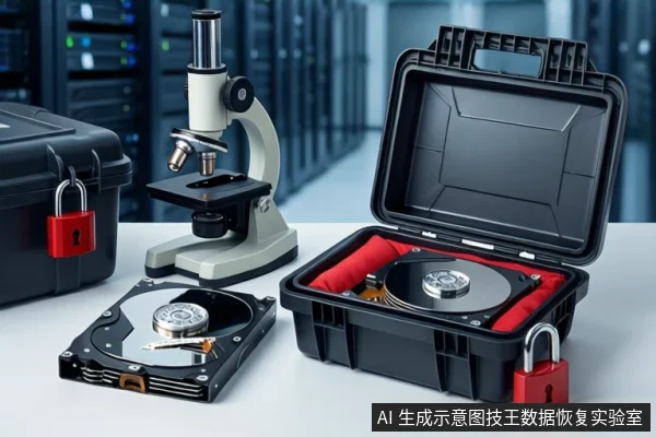 白色桌面上,左侧平放一块打开外壳的机械硬盘,中间放置一台显微镜,右侧是一个打开的黑色防震箱,箱内固定着一块机械硬盘,箱体侧面挂着红色挂锁,背景为模糊的服务器机柜。