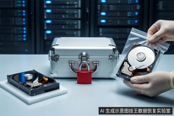白色桌面上,前景一双戴白色手套的手持握装有机械硬盘的透明防静电袋。左侧白色垫子上平放一块打开外壳的机械硬盘。中间放置挂有红色挂锁的银色金属防震箱。背景为模糊的服务器机柜。