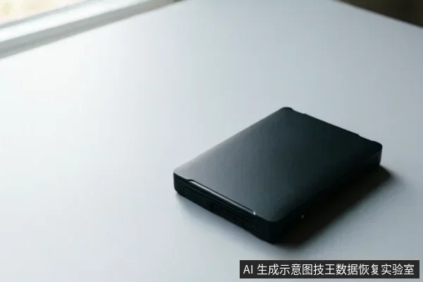 白色桌面上放置一个黑色矩形存储设备,侧面可见接口与散热孔,设备处于静止状态。