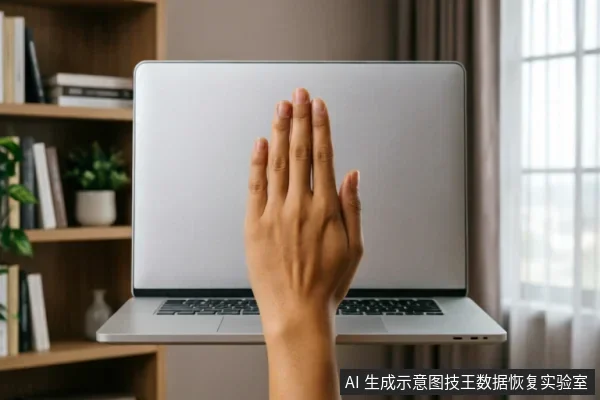 画面展示了一只手悬停在银色笔记本电脑屏幕正前方,手掌张开做出停止或阻挡的手势。背景为模糊的书架和窗户,光线明亮。该动作直观地传达了“停止操作”、“禁止通电”或“阻断写入”的含义,与数据恢复中强调的止损原则高度契合。