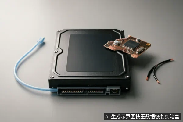 画面展示了一个拆解状态的机械硬盘,黑色金属外壳主体连接着蓝色数据线,顶盖已被移除并放置在旁,暴露出内部的电路板与芯片组件。右侧还有两根断开的黑色导线,直观呈现了硬盘硬件内部结构及物理损坏的状态。