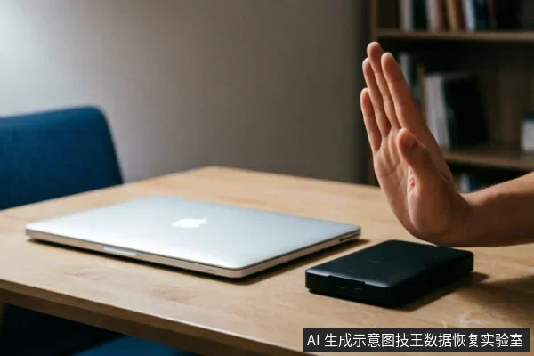 一只手掌在木质桌面上做出明显的停止手势，掌心向外。桌面上放置着一台闭合的银色笔记本电脑和一个黑色的移动硬盘盒，背景模糊可见书架。画面直观传达出拒绝通电、立即停止操作或中断连接的警示含义。