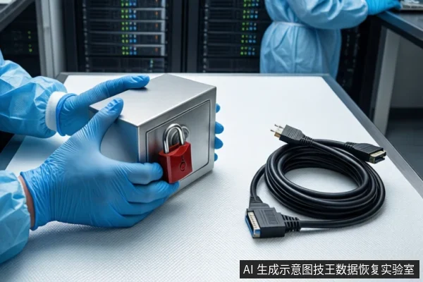 洁净室白色桌面上,戴蓝色手套的双手正持握一个挂有红色挂锁的银色金属防震箱,右侧盘绕一根黑色SATA数据线,背景可见服务器机柜和穿蓝色无尘服的人员。