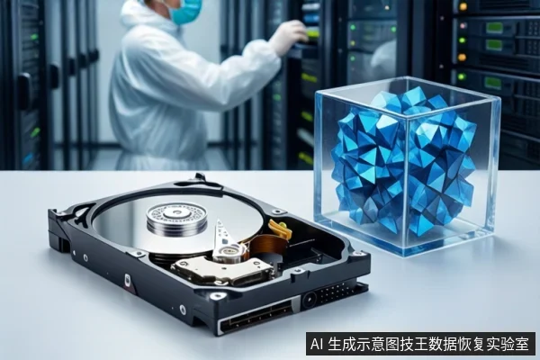 洁净室白色桌面上平放一块打开外壳的机械硬盘,右侧竖立一个透明立方体,内部填充蓝色几何碎片。背景为模糊的服务器机柜和一名穿无尘服的技术人员。