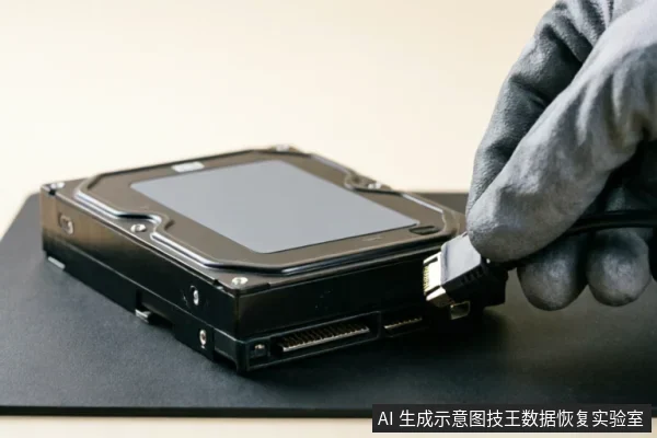 一只戴着灰色防静电手套的手,正将SATA数据线插入黑色机械硬盘的接口中,示意在排查故障时检查外部连接链的完整性。