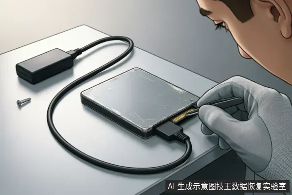 一名戴手套的人员正使用工具操作一块连接着数据线和电源适配器的机械硬盘,桌面上有一颗拆下的螺丝。画面展示了针对硬盘接口的物理检测或维修动作,背景简洁,无文字标识。