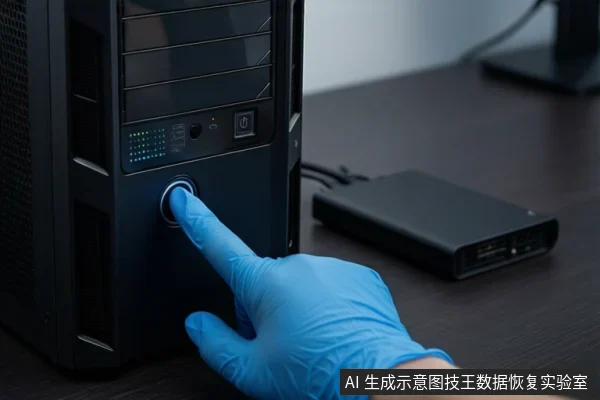 深色桌面上，一只戴蓝色手套的手正按压黑色台式电脑机箱正面的电源按钮，旁边平放一个黑色外接硬盘盒。