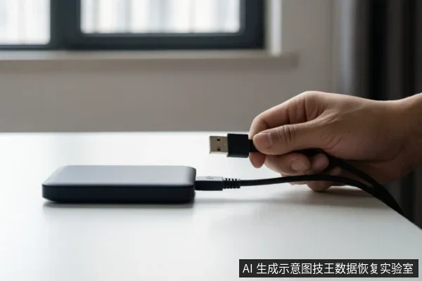 一只手拿着USB数据线，准备插入桌面上的黑色移动硬盘。
