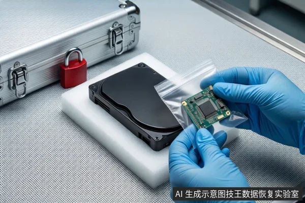 白色防静电工作台上,中间白色泡沫垫上平放一个黑色移动硬盘,左侧是一个挂有红色挂锁的银色金属防震箱。前景一双戴蓝色手套的手正持握一个装有绿色芯片电路板的透明防静电袋。