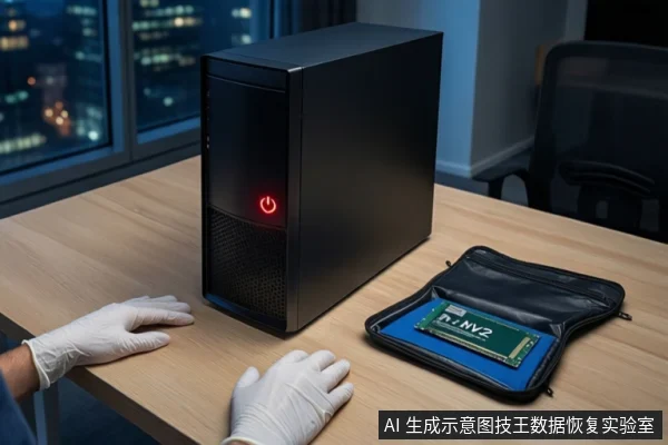 木质桌面上，左侧竖立一台黑色塔式主机，电源按钮亮红灯。右侧黑色防震箱内固定一块M.2固态硬盘。前景一双戴白手套的手平放在桌边，背景为模糊的城市夜景。