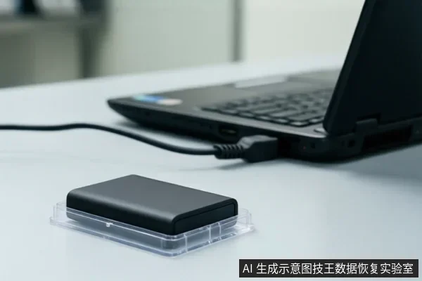 白色桌面上,一个黑色移动硬盘放置在透明塑料托盘中,通过黑色数据线连接到旁边的笔记本电脑。