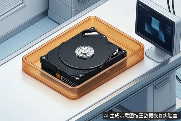 画面中展示了一块黑色的机械硬盘,放置在一个透明的橙色托盘上,旁边有一台显示器,显示器屏幕上显示着一些图形界面。背景是一个实验室或工作间的环境,有柜子和设备。