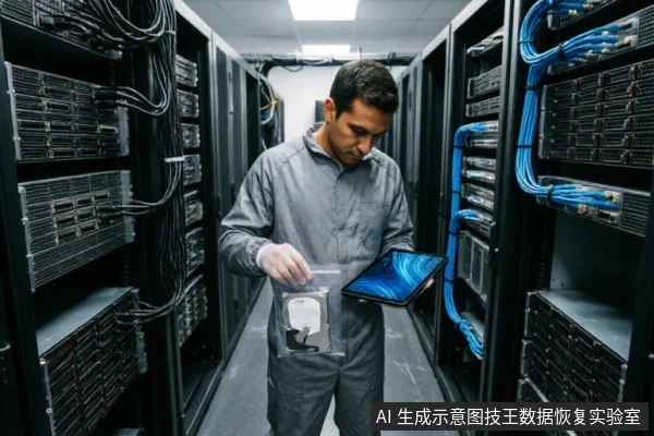 一名身穿灰色防静电服的技术人员站在服务器机房过道中，左手托着显示蓝色界面的平板电脑，右手拿着装有机械硬盘的透明密封袋，正在检查硬件状态。