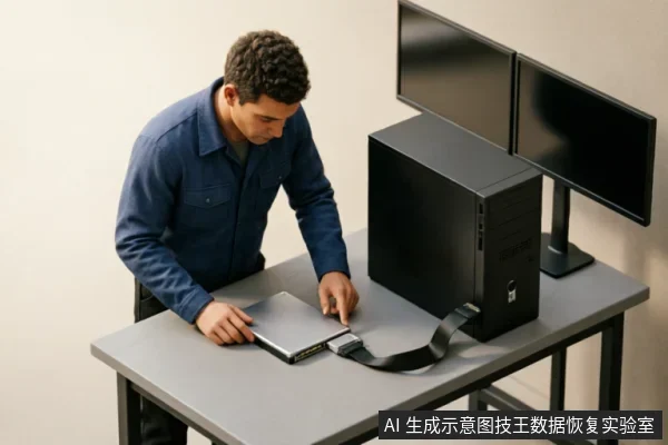 一名身穿蓝色工装的技术人员站在灰色工作台前,正检查一台连接着黑色宽幅数据线的银色笔记本电脑。旁边放置着一台黑色塔式主机和两台显示器,画面展示了专业设备检测与外部链路排查的场景。